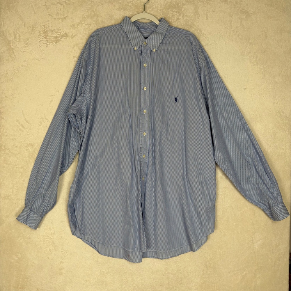 Polo Ralph Lauren Mens 2XLT Blue White Striped Cotton Stretch Button Down Shirt